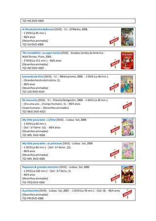 722 HIS DVD-4303
A ilhada famíliaRobinson [DVD]. - S.l.:GTMedia,2008.
- 1 DVD(ca 45 min.).
- M/4 anos
[Desenhosanimados]
722 ILH DVD-4309
The incredibles: ossuper-heróis[DVD]. - Estados Unidosda América:
Walt Disney:Pixar,2005.
- 2 DVD(ca 111 min.). - M/6 anos
[Desenhosanimados]
722 INCDVD-4307
Leonardo daVinci [DVD]. - S.l.: Médiapromo,2006. - 1 DVD (ca 30 min.).
- (Grandesheróisdahistória;2).
- M/4 anos
[Desenhosanimados]
722 LEO DVD-4314
Os músculos [DVD]. - S.l.: PlanetaDeAgostini,2004.- 1 DVD (ca 30 min.).
- (Era uma vez...Ocorpo humano; 1). - M/4 anos
Corpohumano -- [Desenhosanimados]
722 MUS DVD-4315
My little ponytales : o filme[DVD]. - Lisboa: Sol,2009.
- 1 DVD(ca 83 min.).
- (Sol : 3.ª Série ;11). - M/4 anos
[Desenhosanimados]
722 MYL DVD-4304
My little ponytales : as princesas [DVD]. - Lisboa: Sol,2009.
- 1 DVD(ca 83 min.). - (Sol : 3.ª Série ; 22).
- M/4 anos
[Desenhosanimados]
722 MYL DVD-4305
Pequenos& grandesmonstros [DVD]. - Lisboa: Sol,2000.
- 1 DVD(ca 120 min.). - (Sol : 3.ª Séria; 1).
- M/4 anos
[Desenhosanimados]
722 PEQ DVD-4302
A princesinha [DVD]. - Lisboa: Sol,2007. - 1 DVD (ca 78 min.). - (Sol ; 8). - M/4 anos
[Desenhosanimados]
722 PRIDVD-4306
 