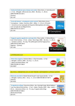Contos de Andersen para crianças sem medo / Alice Vieira ; il. Carla Nazareth.
- 1.ª ed. - Alfragide : Oficina do Livro, 2010. - 48, [3] p. : il. ; 28 cm.
ISBN 978-989-555-529-1
[Contos]
82-3 VIE
A arca do tesouro : um pequeno conto musical / Alice Vieira, Eurico
Carrapatoso. - Lisboa : Caminho, 2010. - [48] p. : il. ; 25 cm + CD áudio.
- Concerto ao vivo / gravação da Orquestra Metropolitana de Lisboa,
com narração de Luís Miguel Cintra
ISBN 978-972-21-2123-1
82-3 VIE

4 Exemplares

O gigante egoísta seguido de o príncipe feliz / Óscar wilde ; il. Fátima Afonso ;
trad. Ersílio Cardoso. - 3.ª ed. - Lisboa : Nova Vega, 2008. - 30, [1] p. : il. ; 28 cm.
- (Lendas e contos). - Tít. orig.: The selfish giant and the happy prince
ISBN 978-972-699-794-8
Gigantes -- [Contos]
82-3 WIL

14 Exemplares
Antologias
O livro dos exageros / António Mota ; il. Elsa Fernandes. - 1.ª ed.
- Alfragide : Gailivro, 2009. - 53, [7] p. : il. ; 25 cm.
- (Obras de António Mota ; 24)
ISBN 978-989-557-580-0
82-8 MOT

Banda desenhada e outros géneros literários
Diário de uma totó 3 / Rachel Renée Russell ; trad. Susana Serrão. - 2.ª ed.
- Alfragide : Gailivro, 2012. - 311 p. : il. ; 22 cm ISBN 978-989-557-907-5
[Diários]
82-9 RUS
O segredo da esfinge / Geronimo Stilton ; des. Gianluigi Fungo, Mirko Babboni ;
trad. Ana Maria Pinto da Silva. - 1.ª ed. - Lisboa : Planeta, 2010. - 48 p. : todo il. ;
29 cm. - (Geronimo Stilton ; 2). - Tit. orig.: Il segreto della sfinge
ISBN 978-989-657-068-2
[Banda desenhada]
82-9 STI

 