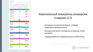 • Конверсия по контексту Яндекс и Google
выделяется автоматически
• Улучшенный расчет конверсии по разным типам
устройств
• Поддерживаются и обрабатываются UTM-метки
Комплексный показатель конверсии
в версии 17.0
 