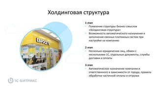 Холдинговая структура
1 этап
• Появление структуры бизнес-смыслов
«Холдинговая структура»
• Возможность автоматического назначения и
заполнения связных платежных систем при
настройке на компанию
2 этап
• Несколько юридических лиц, обмен с
несколькими 1С, отдельные документы, службы
доставки и оплаты
3 этап
• Автоматическое назначение компании и
ответственного в зависимости от города, правила
обработки частичной оплаты и отгрузки
 