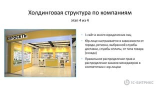 Холдинговая структура по компаниям
• 1 сайт и много юридических лиц
• Юр.лицо настраивается в зависимости от
города, региона, выбранной службы
доставки, службы оплаты, от типа товара
(склада)
• Правильное распределение прав и
распределение заказов менеджером в
соответствии с юр.лицом
этап 4 из 4
 