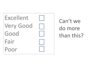 Excellent
Very Good
Good
Fair
Poor
Can’t we
do more
than this?
 