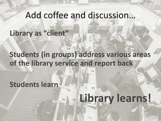 Add coffee and discussion…
Library as “client”
Students (in groups) address various areas
of the library service and report back
Students learn
Library learns!
 