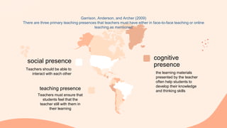 teaching presence
Teachers must ensure that
students feel that the
teacher still with them in
their learning
cognitive
presence
the learning materials
presented by the teacher
often help students to
develop their knowledge
and thinking skills
social presence
Teachers should be able to
interact with each other
Garrison, Anderson, and Archer (2009)
There are three primary teaching presences that teachers must have either in face-to-face teaching or online
teaching as mentioned
 