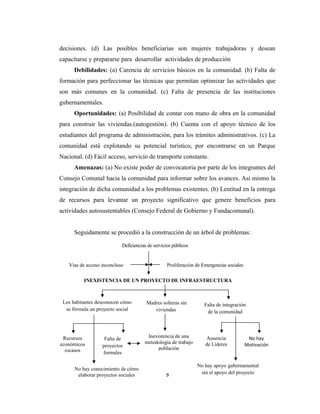 decisiones. (d) Las posibles beneficiarias son mujeres trabajadoras y desean
capacitarse y prepararse para desarrollar actividades de producción
      Debilidades: (a) Carencia de servicios básicos en la comunidad. (b) Falta de
formación para perfeccionar las técnicas que permitan optimizar las actividades que
son más comunes en la comunidad. (c) Falta de presencia de las instituciones
gubernamentales.
      Oportunidades: (a) Posibilidad de contar con mano de obra en la comunidad
para construir las viviendas.(autogestión). (b) Cuenta con el apoyo técnico de los
estudiantes del programa de administración, para los trámites administrativos. (c) La
comunidad está explotando su potencial turístico, por encontrarse en un Parque
Nacional. (d) Fácil acceso, servicio de transporte constante.
      Amenazas: (a) No existe poder de convocatoria por parte de los integrantes del
Consejo Comunal hacia la comunidad para informar sobre los avances. Así mismo la
integración de dicha comunidad a los problemas existentes. (b) Lentitud en la entrega
de recursos para levantar un proyecto significativo que genere beneficios para
actividades autosustentables (Consejo Federal de Gobierno y Fundacomunal).


      Seguidamente se procedió a la construcción de un árbol de problemas:

                           Deficiencias de servicios públicos


   Vias de acceso inconcluso                      Proliferación de Emergencias sociales

          INEXISTENCIA DE UN PROYECTO DE INFRAESTRUCTURA



 Los habitantes desconocen cómo        Madres solteras sin          Falta de integración
  se fórmula un proyecto social           viviendas                  de la comunidad




 Recursos          Falta de            Inexistencia de una          Ausencia               No hay
económicos                            metodología de trabajo        de Líderes            Motivación
                  proyectos                población
  escasos         formales

                                                                No hay apoyo gubernamental
      No hay conocimiento de cómo
       elaborar proyectos sociales               9               sin el apoyo del proyecto
                                                                           social
 