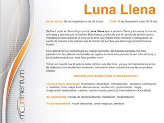 Luna Llena 
Inicio: Inicio: 06 de Noviembre a las 05:24 pm Final: 14 de Noviembre a las 10:17 am 
Se hace notar el claro influjo que la Luna Llena ejerce sobre la Tierra y los seres humanos, 
animales y plantas que la habitan. Esta fuerza, producida por el cambio de sentido de los 
impulsos lunares al pasar la luna por la fase que media entre creciente y menguante, se 
siente de manera más intensa que el cambio de fuerzas que tiene lugar durante la luna 
nueva. 
En el plenilunio los sonámbulos se pasean dormidos, las heridas sangran con más 
persistencia; las plantas medicinales recogidas durante este período tienen más eficacia, y 
los árboles podados en esta fase pueden morir. 
Tomen en cuenta que la policía debe reforzar sus efectivos, ya que normalmente los actos 
de violencia y los accidentes aumentan; así mismo, a las comadronas se les acumula el 
trabajo. 
¡Momento para recoger frutos no para plantarlos! 
La Luna Llena representa: Iluminación, desenlace, introspección, inquietud, culminación 
y resultado, fruto, etapa final, efervescencia, recolección, productividad, magia, 
imaginación desbordada, creativa, transformación, plenitud, intensidad, emocionalidad. 
Se recomienda: Fiestas de Reconocimiento, meditación, contemplación. 
No se recomienda: Iniciar relaciones, cerrar negocios, sembrar. 
 