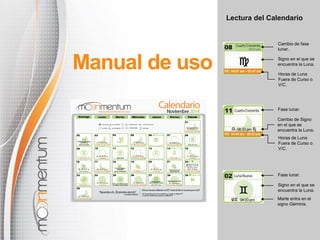 Lectura del Calendario 
Manual de uso 
Cambio de fase 
lunar. 
Signo en el que se 
encuentra la Luna. 
Horas de Luna 
Fuera de Curso o 
V/C. 
Fase lunar. 
Cambio de Signo 
en el que se 
encuentra la Luna. 
Horas de Luna 
Fuera de Curso o 
V/C. 
Fase lunar. 
Signo en el que se 
encuentra la Luna. 
Marte entra en el 
signo Géminis. 
 