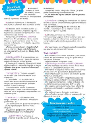 murmurando:
–Tengo una caricia... Tengo una caricia... ¿A quién
podré dársela? Ninguno me la aceptará...”
ID: ¿Se les ocurre alguna idea que podría ayudar al
puercoespín?
SEXTA VIÑETA: “El changuito sostenía con sus piernas
la caña de pescar. Un sombrero de paja le entoldaba los
ojos. Dormitaba...”
ID: ¿Es el mismo changuito del comienzo del
cuento…? Veamos por qué la autora lo vuelve a
mencionar. Sigamos leyendo.
l Al finalizar, se realiza una relectura sin
interrupciones y luego se destina un tiempo para que
los niños realicen un intercambio acerca de lo que
comprendieron y los efectos que causó en ellos la
historia.
l Se les entrega a los niños actividades fotocopiables
que apuntan a la comprensión lectora.
“Las caricias”
l Se conversa con los niños acerca de lo que son las
caricias. En qué momentos nos gusta que nuestros
afectos nos acaricien.
Se propone mirar el siguiente video:
https://www.youtube.com/watch?v=4ZjXT7SiBb4
l Cómo reconocer las caricias buenas de las malas
(Caricias SÍ, Caricias NO Fundación PAS).
l Hablamos de las partes íntimas de nuestro cuerpo.
¿Cuáles son? ¿Por qué se llaman de esa manera?
l Los niños realizan una lista de los animales que se
mencionan en el cuento.
l Se busca información y fotografías reales de los
mismos y se realizan textos breves para describirlos.
l Se les propone a los niños realizar en base a este
cuento la representación del acto de fin de año.
l Se preparan las invitaciones, las notas solicitando
colaboración de los padres para la escenografía y el
vestuario.
l Se realiza el reparto de roles y personajes.
l Los niños leen y releen el libreto para aprender los
diálogos de memoria.
46
46
Relacionando cuentos
l Los niños observan el siguiente audiocuento:
El erizo y el globo.
https://www.youtube.com/
watch?v=9SiNFya55Fo
¿Qué personaje se repite? ¿Qué problema
comparten los dos personajes de ambos
cuentos?
l El docente
presenta el título
del cuento y solicita
a los niños que
realicen sus anticipaciones
sobre el argumento del mismo.
l Los niños registran, en su itinerario de
lectura, título y nombre de la autora de la obra.
l El docente lee en voz alta el cuento y, a
medida que va leyendo, regresa a algunos
fragmentos para colaborar con los niños en la
comprensión del mismo.
Por ejemplo, en la PRIMERA VIÑETA el
maestro lee “No sabía lo que era una caricia.
Nunca lo habían acariciado antes. Por eso,
cuando el changuito…” y realiza las siguientes
intervenciones:
¿Alguna vez escucharon esta palabra? ¿A
qué se referirá? ¿Quién será el changuito
en esta escena (mostrando los dibujos de la
misma)?
SEGUNDA VIÑETA: El tero se dejó caer: un
planeador blanco, negro y pardo, de gracioso
copete, aterrizando junto a la vaca...
ID (intervención docente): Observen cómo es
el dibujo del tero… tal cual lo describe la autora.
¿Alguien alguna vez vio un tero? ¿Cómo es?
¿Dónde estaba?
TERCERA VIÑETA: “Distraída, atropelló
un armadillo que descansaba entre unos
matorrales…”
ID: “matorrales”… no recuerdo bien el
significado de esta palabra. Observemos la
imagen que seguramente nos ayudará a
resolver la duda que tengo.
El armadillo es un animal. Si continúo
leyendo y escuchan sus características por
favor me avisan así podemos registrarlo en una
cartelera aparte…
CUARTA VIÑETA: “–¡Qué mala suerte
tengo! –exclamó el armadillo–. ¡Encontrarte
justamente a ti!”.
–¿Se puede saber por qué dices esa tontería?
–gruñó el puercoespín, dándose vuelta
enojado…
ID: ¿Ustedes qué piensan? ¿Por qué el
armadillo cree que tiene mala suerte?
QUINTA VIÑETA: “La mañana lo
encontró despierto, aún sin desayunar y
Situaciones
de enseñanza
 