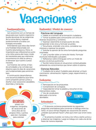Contenidos / Modos de conocer
Prácticas del Lenguaje
Hablar en el ámbito de la formación ciudadana.
Tomar la palabra para comunicarse con otros en
diversas situaciones y contextos.
Expresar claramente el propio punto de vista,
comprender el de otros y formular acuerdos.
Escucharse, entender a los otros, considerar sus
intereses y expresar los propios.
Solicitar la opinión de los otros formulando preguntas
orientadas.
Leer y escribir sobre un tema de interés. Formular
escrituras individuales y grupales.
Reflexionar sobre el lenguaje como un modo de
acceso a la lectura autónoma.
Escribir textos breves en situaciones contextualizadas
utilizando los conocimientos que tienen sobre el sistema.
Ciencias Naturales
Cuidados de la salud. Cuidados para alcanzar un buen
crecimiento: alimentación, higiene, juego, esparcimiento y
descanso.
Vacaciones
Fundamentación
Las vacaciones son un tiempo de
pausa para que nuestro organismo
pueda descansar de las exigencias
de la rutina diaria y regresar
posteriormente a la tarea con
energías renovadas.
Entendiendo que estos días tienen
una finalidad relacionada con
nuestra salud psíquica y física, es
importante que reflexionemos junto
a los niños acerca del mejor modo
de transitarlas para que realmente
encontremos en ellas la calma y
el bienestar que nuestro cuerpo
necesita.
Los horarios, las rutinas, el tipo
de actividades y las comidas que
elijamos para los días de vacaciones
son fundamentales para sentirnos
bien.
A continuación desarrollamos
una secuencia didáctica que tiene
como propósito pensar juntos y
diseñar unas vacaciones saludables,
divertidas y tranquilas.
52
52
TIEMPO:
noviembre y diciembre.
Evaluación:
Participación en las propuestas.
Comprensión de consignas.
Capacidad de tomar la palabra y escuchar en los
intercambios orales.
Uso de vocabulario
adecuado a los tema
abordados.
Actividades
El docente comienza presentando las siguientes
preguntas orientadoras para comenzar el diálogo entre los
niños: en poco tiempo llegarán las vacaciones de verano.
¿Ustedes qué piensan hacer? ¿Para qué creen que sirven estos
días?
Se presenta el póster, se invita a los niños a leerlo juntos y
a observar las imágenes. Luego se trabaja con cada una de las
frases de manera separada.
RECURSOS:
póster con
imágenes, fotografías
de vacaciones de
otros años de los
propios niños, cuentos
para leer, mandalas
para colorear.
 