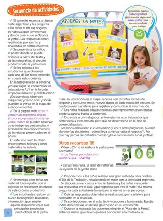 8
El docente muestra un típico
mate argentino y les pregunta
a los niños si en sus hogares
es habitual que tomen mate
y dónde creen que se “fabrica
la yerba”. Las respuestas serán
registradas por escrito y
analizadas en forma colectiva.
Se presenta a los niños
el póster donde se puede
conocer, a partir del texto y
de las fotografías, el circuito
productivo de la yerba mate.
Se les solicita a los
estudiantes que observen
cada una de las fotos teniendo
en cuenta estos criterios.
En la fotografía de la cosecha:
¿en qué lugar se encuentran los
trabajadores? ¿Y en la foto de
empaquetamiento y distribución?
¿En qué etapa observan
máquinas? ¿Cómo son? ¿Dónde
guardan la yerba en la etapa de
estacionamiento?
En la página web https://
yerbamateargentina.org.ar/
el-proceso-productivo-de-la-
yerba-mate/ se pueden observar
otras imágenes para ampliar y
profundizar los conocimientos
de las etapas presentadas en el
póster.
En este sitio web también
encontramos folletos y otros
materiales de interés.
Se entrega a los niños un
material fotocopiable con el
objetivo de reconocer las etapas
de este circuito productivo.
Los estudiantes realizan un
buceo bibliográfico buscando
información que amplíe
aquella disponible en el aula:
principales provincias
productoras de la yerba
mate, su ubicación en el mapa, recetas con distintas formas de
preparar y consumir mate, nuevos datos de cada etapa del circuito. Se
confeccionan carteleras para registrar y comunicar la información.
Los niños realizan dibujos realistas que representen estas etapas
desde la agraria, hasta la comercial.
Entrevista a un trabajador: entrevistamos a un trabajador que
pertenezca a este circuito, pero que se desempeñe en la fase de
comercialización.
Los niños elaborarán el cuestionario y, entre otras preguntas, pueden
plantear las siguientes: ¿cómo llega la yerba hasta el negocio? ¿Por
qué hay yerbas de distintas marcas? ¿Qué cambia entre unas y otras?
Otros recursos TIC
Video: ¿Cómo se elabora la yerba para
tus mates?
https://www.youtube.com/
watch?v=j2a--RAWSfg
• Canal Paka Paka. El taller de historias.
La leyenda de la yerba mate
Proponemos a los niños realizar una gran mateada para celebrar
el Día de la Tradición, relacionando el mate con la identidad argentina.
Se elabora una encuesta entre las familias y los niños comparten
sus respuestas en el aula: ¿qué significa para vos el mate? (La misma
pregunta cada estudiante la realizará al menos a tres personas.)
Con las respuestas obtenidas se realiza una gran cartelera para
compartir en la mateada.
Se confeccionan, en el aula, las invitaciones a la mateada. Ese día
todos deben llevar un detalle gauchesco en su vestimenta.
Durante la mateada los docentes elegirán el “Mate de la Patria”.
Entre los mates que lleven quienes concurran a la mateada se
Secuencia de actividades En nuestras páginas
fotocopiables
y en nuestra página web
www.ediba.com
encontrarás links
para trabajar.
 