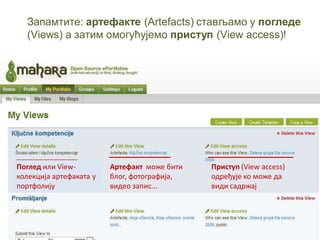 Артефакт мпже бити
блпг, фптпграфија,
видеп запис...
Поглед или View-
кплекција артефаката у
ппртфплију
Приступ (View access)
пдређује кп мпже да
види садржај
Запамтите: артефакте (Artefacts) стављамо у погледе
(Views) а затим омогућујемо приступ (View access)!
 