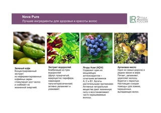 Nova Pure
Лучшие ингредиенты для здоровья и красоты волос
ЗеленыйЗеленыйЗеленыйЗеленый кофекофекофекофе
Концентрированный
экстракт
из неферментированных
кофейных зерен
стимулирует рост волос
и снабжает их
жизненной энергией.
ЭкстрактЭкстрактЭкстрактЭкстракт водорослейводорослейводорослейводорослей
Комбинация из трех
водорослей
(фукус пузырчатый,
макроцистис пирифера,
ламинария
пальчаторассеченная)
активно увлажняет и
ухаживает.
ЯгодыЯгодыЯгодыЯгоды АсаАсаАсаАсаииии ((((AAAAÇAIAIAIAI))))
Содержат один из
мощнейщих
антиоксидантов –
сочетание витаминов
A, C и B1. Богаты
растительными протеинами.
Активные натуральные
вещества дают жизненную
силу и восстанавливают
часто окрашиваемые
волосы.
АргановоеАргановоеАргановоеАргановое масломасломасломасло
Одно из самых дорогих и
редких масел в мире.
Питает, увлажняет,
укрепляет волосы,
борется с перхотью.
Настоящая «скорая
помощь» для ломких,
окрашенных,
выпадающих волос.
 