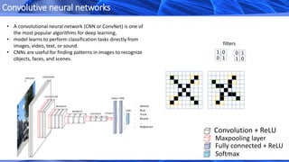 Convolutive neural networks
Convolution + ReLU
Maxpooling layer
Fully connected + ReLU
Softmax
• A convolutional neural network (CNN or ConvNet) is one of
the most popular algorithms for deep learning,
• model learns to perform classification tasks directly from
images, video, text, or sound.
• CNNs are useful for finding patterns in images to recognize
objects, faces, and scenes.
1 0
0 1
0 1
1 0
224x224x
3
224x224x64
112x112x128
56x56x256
28x28x512
7x7x51214x14x512
4096
1000
Flatten
- Vehicle
- Buss
- Truck
- Bicycle
- …
- Pedestrian
filters
 