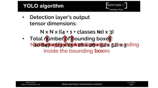 NOVI SAD AI
meetup #3.0
Deep learning in Automotive industry
31.10.2018.
9/24
Aleksa Ćorović
aleksa.corovic@systemli.org
YOLO algorithm
• Detection layer’s output
tensor dimensions:
N x N x ((4 + 1 + classes №) x 3)N x N x ((4 + 1 + classes №) x 3)
Number of cells
N x N x ((4 + 1 + classes №) x 3)
Bounding box dimensions
N x N x ((4 + 1 + classes №) x 3)
Probability that the object is
inside the bounding box
N x N x ((4 + 1 + classes №) x 3)
Each cell predicts 3 bounding
boxes
• Total number of bounding boxes:
10 647 = (13 x 13 + 26 x 26 + 52 x 52) x 3
N x N x ((4 + 1 + classes №) x 3)
 