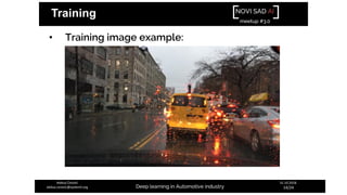 NOVI SAD AI
meetup #3.0
Deep learning in Automotive industry
31.10.2018.
14/24
Aleksa Ćorović
aleksa.corovic@systemli.org
Training
• Training image example:
 