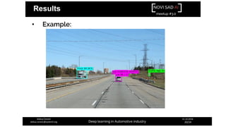 NOVI SAD AI
meetup #3.0
Deep learning in Automotive industry
31.10.2018.
20/24
Aleksa Ćorović
aleksa.corovic@systemli.org
Results
• Example:
 