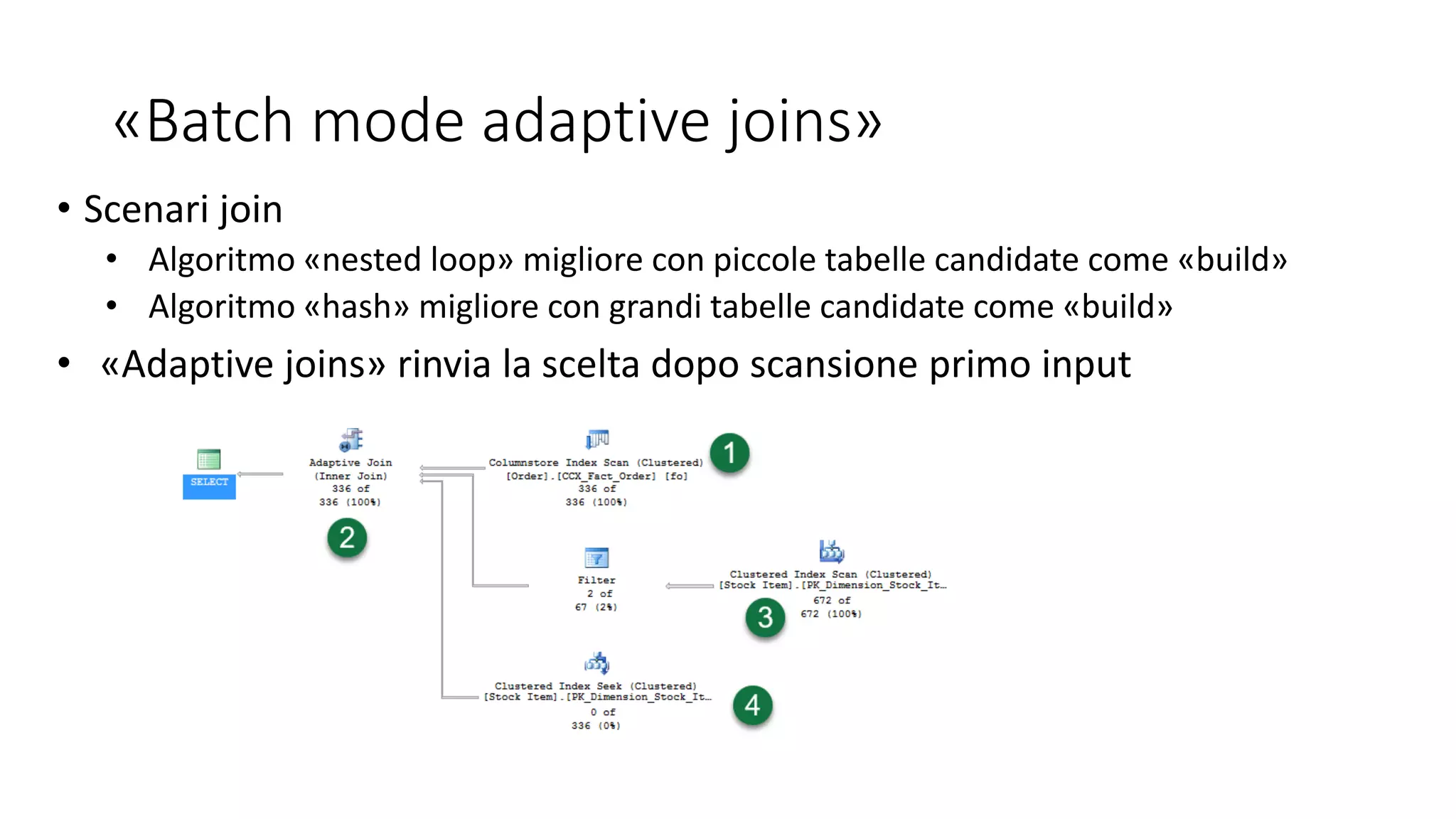 «Batch mode adaptive joins»
• Scenari join
• Algoritmo «nested loop» migliore con piccole tabelle candidate come «build»
• Algoritmo «hash» migliore con grandi tabelle candidate come «build»
• «Adaptive joins» rinvia la scelta dopo scansione primo input
 