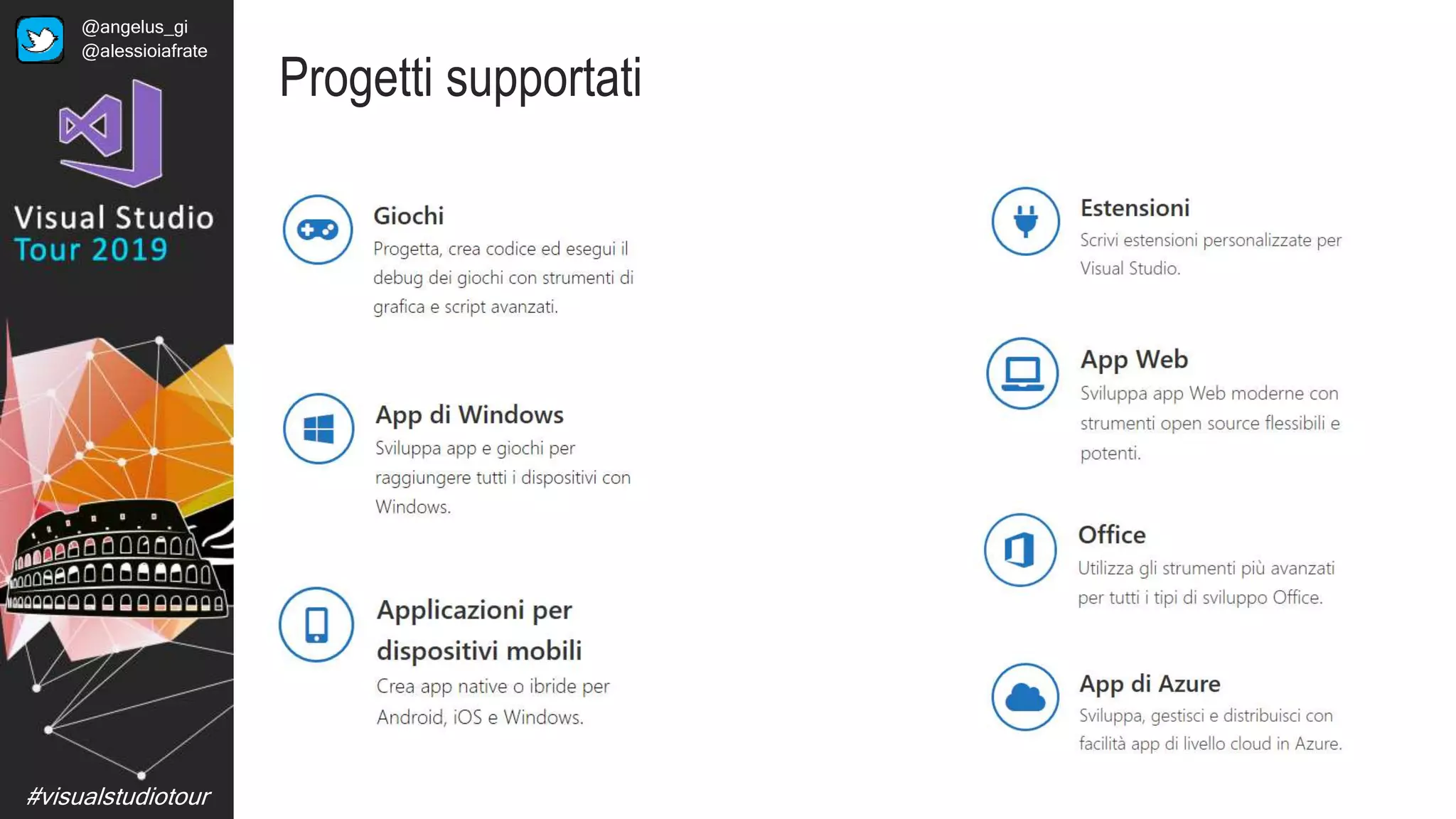 #visualstudiotour
Progetti supportati
@angelus_gi
@alessioiafrate
 