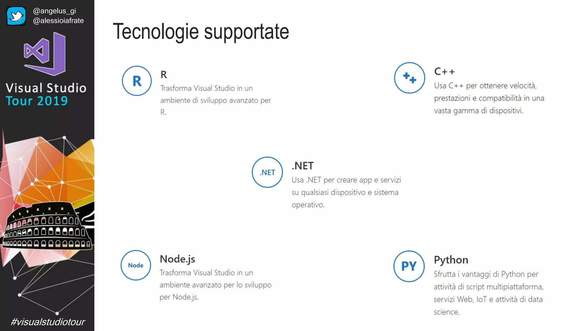 #visualstudiotour
Tecnologie supportate
@angelus_gi
@alessioiafrate
 