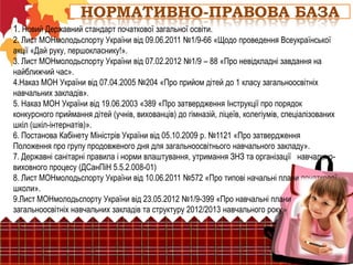 НОРМАТИВНО-ПРАВОВА БАЗА
1. Новий Державний стандарт початкової загальної освіти.
2. Лист МОНмолодьспорту України від 09.06.2011 №1/9-66 «Щодо проведення Всеукраїнської
акції «Дай руку, першокласнику!».
3. Лист МОНмолодьспорту України від 07.02.2012 №1/9 – 88 «Про невідкладні завдання на
найближчий час».
4.Наказ МОН України від 07.04.2005 №204 «Про прийом дітей до 1 класу загальноосвітніх
навчальних закладів».
5. Наказ МОН України від 19.06.2003 «389 «Про затвердження Інструкції про порядок
конкурсного приймання дітей (учнів, вихованців) до гімназій, ліцеїв, колегіумів, спеціалізованих
шкіл (шкіл-інтернатів)».
6. Постанова Кабінету Міністрів України від 05.10.2009 р. №1121 «Про затвердження
Положення про групу продовженого дня для загальноосвітнього навчального закладу».
7. Державні санітарні правила і норми влаштування, утримання ЗНЗ та організації навчальновиховного процесу (ДСанПіН 5.5.2.008-01)
8. Лист МОНмолодьспорту України від 10.06.2011 №572 «Про типові начальні плани початкової
школи».
9.Лист МОНмолодьспорту України від 23.05.2012 №1/9-399 «Про навчальні плани
загальноосвітніх навчальних закладів та структуру 2012/2013 навчального року»

 