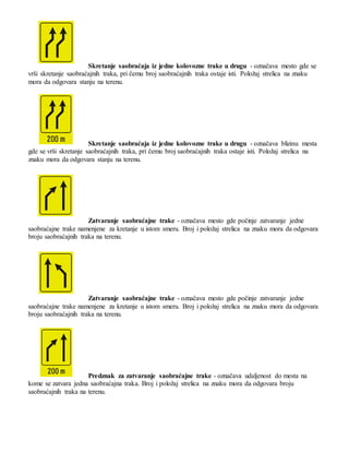 Skretanje saobraćaja iz jedne kolovozne trake u drugu - označava mesto gde se
vrši skretanje saobraćajnih traka, pri čemu broj saobraćajnih traka ostaje isti. Položaj strelica na znaku
mora da odgovara stanju na terenu.
Skretanje saobraćaja iz jedne kolovozne trake u drugu - označava blizinu mesta
gde se vrši skretanje saobraćajnih traka, pri čemu broj saobraćajnih traka ostaje isti. Položaj strelica na
znaku mora da odgovara stanju na terenu.
Zatvaranje saobraćajne trake - označava mesto gde počinje zatvaranje jedne
saobraćajne trake namenjene za kretanje u istom smeru. Broj i položaj strelica na znaku mora da odgovara
broju saobraćajnih traka na terenu.
Zatvaranje saobraćajne trake - označava mesto gde počinje zatvaranje jedne
saobraćajne trake namenjene za kretanje u istom smeru. Broj i položaj strelica na znaku mora da odgovara
broju saobraćajnih traka na terenu.
Predznak za zatvaranje saobraćajne trake - označava udaljenost do mesta na
kome se zatvara jedna saobraćajna traka. Broj i položaj strelica na znaku mora da odgovara broju
saobraćajnih traka na terenu.
 
