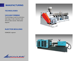 MANUFACTURING

TECHNOLOGIES

VACUUM FORMING
The technology is used for producing a
wide range of tailor made floor mats
with low sales volumes. Aftermarket
segment.




INJECTION MOULDING
OEM&OES segment.
 