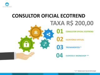 CONSULTOR OFICIAL ECOTREND
01
ESCRITÓRIO VIRTUAL02
TREINAMENTOS *
03
EVENTOS E WORKSHOP **
04
CONSULTOR OFICIAL ECOTREND
TAXA R$ 200,00
* E ** PODERÁ HAVER TAXA DE PARTICIPAÇÃO
 