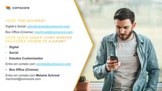 46
Digital e Social: atendimento@comscore.com
Box Office (Cinema): mschroot@comscore.com
• Digital
• Social
• Estudos Customizados
Entre em contato com vendas@comscore.com
• Box Office (Cinema)
Entre em contato com Melanie Schroot
mschroot@comscore.com
 