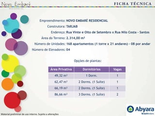 Empreendimento: NOVO EMBARÉ RESIDENCIAL
                                             Construtora: TARJAB
                                                 Endereço: Rua Vinte e Oito de Setembro x Rua Nilo Costa - Santos
                                       Área do Terreno: 2.314,00 m²
                                 Número de Unidades: 168 apartamentos (1 torre x 21 andares) – 08 por andar
                              Número de Elevadores: 04


                                                                 Opções de plantas:

                                                Área Privativa        Dormitórios        Vagas
                                                    49,32 m²            1 Dorm.            1
                                                    62,47 m²       2 Dorms. (1 Suíte)      1
                                                    66,19 m²       2 Dorms. (1 Suíte)      1
                                                    86,66 m²       3 Dorms. (1 Suíte)      2




Material preliminar de uso interno. Sujeito a alterações..
 