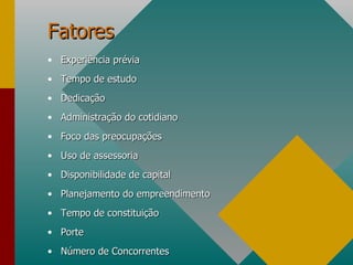 Fatores Experiência prévia  Tempo de estudo Dedicação Administração do cotidiano Foco das preocupações Uso de assessoria Disponibilidade de capital Planejamento do empreendimento Tempo de constituição Porte Número de Concorrentes 