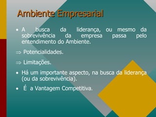 Ambiente Empresarial A  busca  da  liderança, ou mesmo da sobrevivência da empresa passa pelo entendimento do Ambiente. Potencialidades. Limitações. Há um importante aspecto, na busca da liderança (ou da sobrevivência).  É  a Vantagem Competitiva . 