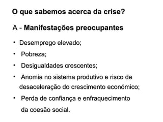 A -  Manifestações preocupantes   Desemprego elevado; Pobreza; Desigualdades crescentes; Anomia no sistema produtivo e risco de desaceleração do crescimento económico; Perda de confiança e enfraquecimento    da coesão social. O que sabemos acerca da crise?  