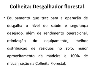 Colheita: Desgalhador florestal
• Equipamento que traz para a operação de
desgalha o nível de saúde e segurança
desejado, além de rendimento operacional,
otimização do equipamento, melhor
distribuição de resíduos no solo, maior
aproveitamento da madeira e 100% de
mecanização na Colheita Florestal.
 
