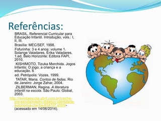 Referências:BRASIL. Referencial Curricular para
Educação Infantil. Introdução, vols.: I,
II, III.
Brasília: MEC/SEF, 1998.
Fofurinha: 3 e 4 anos: volume 1.
Solange Valadares, Érika Valadares,
1.ed. Belo Horizonte: Editora FAPI,
2010.
KISHIMOTO, Tizuka Morchida. Jogos
Infantis; O jogo, a criança e a
educação. 6
ed. Petrópolis: Vozes, 1999.
TATAR, Maria. Contos de fadas. Rio
de Janeiro: Jorge Zahar, 2004.
ZILBERMAN, Regina. A literatura
infantil na escola. São Paulo: Global,
2003.
http://revistaescola.abril.com.br/creche-
pre-escola/roteiro-didatico-identidade-
autonomia-creche-634707.shtml-
(acessado em 14/06/2014).
 