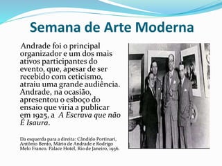 Semana de Arte Moderna
Andrade foi o principal
organizador e um dos mais
ativos participantes do
evento, que, apesar de ser
recebido com ceticismo,
atraiu uma grande audiência.
Andrade, na ocasião,
apresentou o esboço do
ensaio que viria a publicar
em 1925, a A Escrava que não
É Isaura.
Da esquerda para a direita: Cândido Portinari,
Antônio Bento, Mário de Andrade e Rodrigo
Melo Franco. Palace Hotel, Rio de Janeiro, 1936.
 