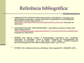 Referência bibliográfica:
   AMBIENTES DE SUPORTE PARA EDUCAÇÃO À DISTÂNCIA: A mediação para
    aprendizagem cooperativa - Querte Teresinha Conzi Mehlecke & Liane Margarida
    Rockenbach Tarouco Disponível em:. <
    http://www.cinted.ufrgs.br/eventos/cicloartigosfev2003/querteA.pdf> Acessado em
    29/01/2013

   EDUCAÇÃO ON-LINE: UMA INTRODUÇÃO - José Alberto Lencastre e Maria José
    Araújo Disponível em:
    <http://investigacao.ipiaget.org/edutec/ficheiros/15_Educacao%20online-IasK2008.pdf>
    Acessado em 29/01/2013.

   MORAN, José Manuel. Ensino e Aprendizagem Inovadores com Tecnologia.
    Informática na Educação: Teoria & Prática/ Programa de Pós-Graduação em
    Informática na Educação. – vol 3, (set 2000) -.- Porto Alegre : UFRGS. Programa
    de Pós-Graduação em Informática na Educação, 2000-v. pg 137/144.


    PETERS, Otto. Didática do Ensino a Distância. São Leopoldo,RS : UNISINOS, 2001    .
 
