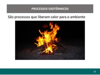 15
PROCESSOS EXOTÉRMICOS
São processos que liberam calor para o ambiente
 
