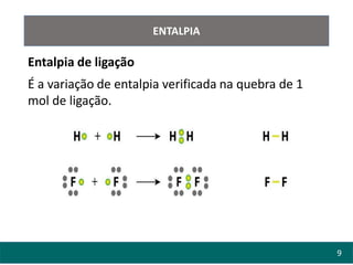9
ENTALPIA
Entalpia de ligação
É a variação de entalpia verificada na quebra de 1
mol de ligação.
 