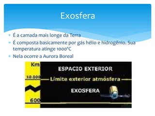 Exosfera 
 É a camada mais longe da Terra 
 É composta basicamente por gás hélio e hidrogênio. Sua 
temperatura atinge 1000ºC 
 Nela ocorre a Aurora Boreal 
