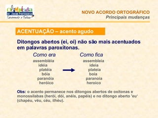 ACENTUAÇÃO – acento agudo Ditongos abertos (ei, oi) não são mais acentuados em palavras paroxítonas. Como era   Como fica assembléia  assembleia   idéia  ideia platéia  plateia   bóia   boia   paranóia  paranoia heróico  heroico Obs:  o acento permanece nos ditongos abertos de oxítonas e monossílabas (herói, dói, anéis, papéis) e no ditongo aberto 'eu‘ (chapéu, véu, céu, ilhéu). NOVO ACORDO   ORTOGRÁFICO Principais mudanças 