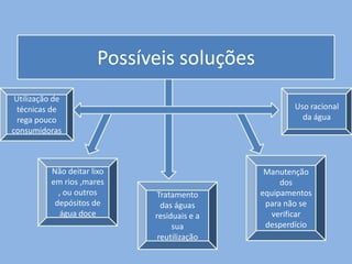Possíveis soluções
 Utilização de
  técnicas de                                         Uso racional
  rega pouco                                            da água
consumidoras



           Não deitar lixo                     Manutenção
           em rios ,mares                          dos
             , ou outros       Tratamento     equipamentos
            depósitos de        das águas      para não se
             água doce        residuais e a     verificar
                                   sua         desperdício
                               reutilização
 