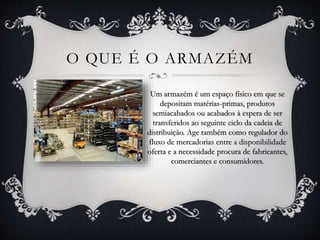 O QUE É O ARMAZÉM 
Um armazém é um espaço físico em que se 
depositam matérias-primas, produtos 
semiacabados ou acabados à espera de ser 
transferidos ao seguinte ciclo da cadeia de 
distribuição. Age também como regulador do 
fluxo de mercadorias entre a disponibilidade 
oferta e a necessidade procura de fabricantes, 
comerciantes e consumidores. 
