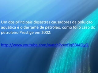 Um dos principais desastres causadores da poluição
aquática é o derrame de petróleo, como foi o caso do
petroleiro Prestige em 2002:
http://www.youtube.com/watch?v=ofJqBBIAQyQ
 