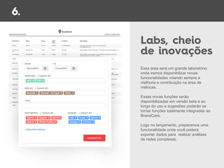 Essa área será um grande laboratório,
onde iremos disponibilizar novas
funcionalidades visando sempre a
melhoria e contribuição na área de
métricas.
Essas novas funções serão
disponibilizadas em versão beta e ao
longo do uso e sugestões poderão se
tornar funções totalmente integradas ao
BrandCare.
Logo no lançamento, preparamos uma
funcionalidade onde você poderá
exportar dados para realizar análises
de redes complexas.
 