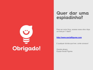 Para ver como ficou, acesse nosso site e faça
um trial por 7 dias!!!
http://www.socialfigures.com
E qualquer dúvida que tiver, conte conosco!
Grande abraço,
Equipe Social Figures
 