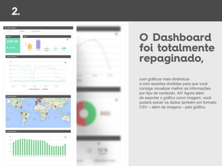 com gráficos mais dinâmicos
e com sessões divididas para que você
consiga visualizar melhor as informações
por tipo de conteúdo. Ah! Agora além
de exportar o gráfico como imagem, você
poderá extrair os dados também em formato
CSV – além de imagens - pelo gráfico.
 