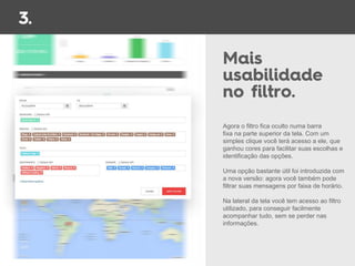 Agora o filtro fica oculto numa barra
fixa na parte superior da tela. Com um
simples clique você terá acesso a ele, que
ganhou cores para facilitar suas escolhas e
identificação das opções.
Uma opção bastante útil foi introduzida com
a nova versão: agora você também pode
filtrar suas mensagens por faixa de horário.
Na lateral da tela você tem acesso ao filtro
utilizado, para conseguir facilmente
acompanhar tudo, sem se perder nas
informações.
 