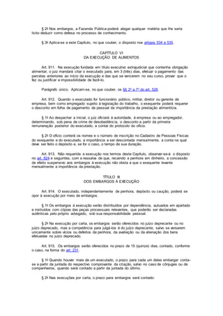 § 2o Nos embargos, a Fazenda Pública poderá alegar qualquer matéria que lhe seria
lícito deduzir como defesa no processo de conhecimento.
§ 3o Aplica-se a este Capítulo, no que couber, o disposto nos artigos 534 e 535.
CAPÍTULO VI
DA EXECUÇÃO DE ALIMENTOS
Art. 911. Na execução fundada em título executivo extrajudicial que contenha obrigação
alimentar, o juiz mandará citar o executado para, em 3 (três) dias, efetuar o pagamento das
parcelas anteriores ao início da execução e das que se vencerem no seu curso, provar que o
fez ou justificar a impossibilidade de fazê-lo.
Parágrafo único. Aplicam-se, no que couber, os §§ 2o a 7o do art. 528.
Art. 912. Quando o executado for funcionário público, militar, diretor ou gerente de
empresa, bem como empregado sujeito à legislação do trabalho, o exequente poderá requerer
o desconto em folha de pagamento de pessoal da importância da prestação alimentícia.
§ 1o Ao despachar a inicial, o juiz oficiará à autoridade, à empresa ou ao empregador,
determinando, sob pena de crime de desobediência, o desconto a partir da primeira
remuneração posterior do executado, a contar do protocolo do ofício.
§ 2o O ofício conterá os nomes e o número de inscrição no Cadastro de Pessoas Físicas
do exequente e do executado, a importância a ser descontada mensalmente, a conta na qual
deve ser feito o depósito e, se for o caso, o tempo de sua duração.
Art. 913. Não requerida a execução nos termos deste Capítulo, observar-se-á o disposto
no art. 824 e seguintes, com a ressalva de que, recaindo a penhora em dinheiro, a concessão
de efeito suspensivo aos embargos à execução não obsta a que o exequente levante
mensalmente a importância da prestação.
TÍTULO III
DOS EMBARGOS À EXECUÇÃO
Art. 914. O executado, independentemente de penhora, depósito ou caução, poderá se
opor à execução por meio de embargos.
§ 1o Os embargos à execução serão distribuídos por dependência, autuados em apartado
e instruídos com cópias das peças processuais relevantes, que poderão ser declaradas
autênticas pelo próprio advogado, sob sua responsabilidade pessoal.
§ 2o Na execução por carta, os embargos serão oferecidos no juízo deprecante ou no
juízo deprecado, mas a competência para julgá-los é do juízo deprecante, salvo se versarem
unicamente sobre vícios ou defeitos da penhora, da avaliação ou da alienação dos bens
efetuadas no juízo deprecado.
Art. 915. Os embargos serão oferecidos no prazo de 15 (quinze) dias, contado, conforme
o caso, na forma do art. 231.
§ 1o Quando houver mais de um executado, o prazo para cada um deles embargar conta-
se a partir da juntada do respectivo comprovante da citação, salvo no caso de cônjuges ou de
companheiros, quando será contado a partir da juntada do último.
§ 2o Nas execuções por carta, o prazo para embargos será contado:
 