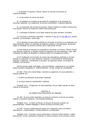 I - as decisões do Supremo Tribunal Federal em controle concentrado de
constitucionalidade;
II - os enunciados de súmula vinculante;
III - os acórdãos em incidente de assunção de competência ou de resolução de
demandas repetitivas e em julgamento de recursos extraordinário e especial repetitivos;
IV - os enunciados das súmulas do Supremo Tribunal Federal em matéria constitucional
e do Superior Tribunal de Justiça em matéria infraconstitucional;
V - a orientação do plenário ou do órgão especial aos quais estiverem vinculados.
§ 1o Os juízes e os tribunais observarão o disposto no art. 10 e no art. 489, § 1o, quando
decidirem com fundamento neste artigo.
§ 2o A alteração de tese jurídica adotada em enunciado de súmula ou em julgamento de
casos repetitivos poderá ser precedida de audiências públicas e da participação de pessoas,
órgãos ou entidades que possam contribuir para a rediscussão da tese.
§ 3o Na hipótese de alteração de jurisprudência dominante do Supremo Tribunal Federal
e dos tribunais superiores ou daquela oriunda de julgamento de casos repetitivos, pode haver
modulação dos efeitos da alteração no interesse social e no da segurança jurídica.
§ 4o A modificação de enunciado de súmula, de jurisprudência pacificada ou de tese
adotada em julgamento de casos repetitivos observará a necessidade de fundamentação
adequada e específica, considerando os princípios da segurança jurídica, da proteção da
confiança e da isonomia.
§ 5o Os tribunais darão publicidade a seus precedentes, organizando-os por questão
jurídica decidida e divulgando-os, preferencialmente, na rede mundial de computadores.
Art. 928. Para os fins deste Código, considera-se julgamento de casos repetitivos a
decisão proferida em:
I - incidente de resolução de demandas repetitivas;
II - recursos especial e extraordinário repetitivos.
Parágrafo único. O julgamento de casos repetitivos tem por objeto questão de direito
material ou processual.
CAPÍTULO II
DA ORDEM DOS PROCESSOS NO TRIBUNAL
Art. 929. Os autos serão registrados no protocolo do tribunal no dia de sua entrada,
cabendo à secretaria ordená-los, com imediata distribuição.
Parágrafo único. A critério do tribunal, os serviços de protocolo poderão ser
descentralizados, mediante delegação a ofícios de justiça de primeiro grau.
Art. 930. Far-se-á a distribuição de acordo com o regimento interno do tribunal,
observando-se a alternatividade, o sorteio eletrônico e a publicidade.
Parágrafo único. O primeiro recurso protocolado no tribunal tornará prevento o relator
para eventual recurso subsequente interposto no mesmo processo ou em processo conexo.
 