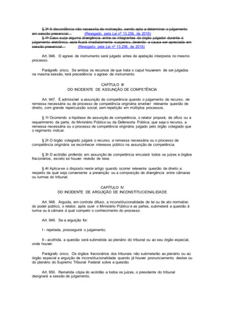 § 3o A discordância não necessita de motivação, sendo apta a determinar o julgamento
em sessão presencial. (Revogado pela Lei nº 13.256, de 2016)
§ 4o Caso surja alguma divergência entre os integrantes do órgão julgador durante o
julgamento eletrônico, este ficará imediatamente suspenso, devendo a causa ser apreciada em
sessão presencial. (Revogado pela Lei nº 13.256, de 2016)
Art. 946. O agravo de instrumento será julgado antes da apelação interposta no mesmo
processo.
Parágrafo único. Se ambos os recursos de que trata o caput houverem de ser julgados
na mesma sessão, terá precedência o agravo de instrumento.
CAPÍTULO III
DO INCIDENTE DE ASSUNÇÃO DE COMPETÊNCIA
Art. 947. É admissível a assunção de competência quando o julgamento de recurso, de
remessa necessária ou de processo de competência originária envolver relevante questão de
direito, com grande repercussão social, sem repetição em múltiplos processos.
§ 1o Ocorrendo a hipótese de assunção de competência, o relator proporá, de ofício ou a
requerimento da parte, do Ministério Público ou da Defensoria Pública, que seja o recurso, a
remessa necessária ou o processo de competência originária julgado pelo órgão colegiado que
o regimento indicar.
§ 2o O órgão colegiado julgará o recurso, a remessa necessária ou o processo de
competência originária se reconhecer interesse público na assunção de competência.
§ 3o O acórdão proferido em assunção de competência vinculará todos os juízes e órgãos
fracionários, exceto se houver revisão de tese.
§ 4o Aplica-se o disposto neste artigo quando ocorrer relevante questão de direito a
respeito da qual seja conveniente a prevenção ou a composição de divergência entre câmaras
ou turmas do tribunal.
CAPÍTULO IV
DO INCIDENTE DE ARGUIÇÃO DE INCONSTITUCIONALIDADE
Art. 948. Arguida, em controle difuso, a inconstitucionalidade de lei ou de ato normativo
do poder público, o relator, após ouvir o Ministério Público e as partes, submeterá a questão à
turma ou à câmara à qual competir o conhecimento do processo.
Art. 949. Se a arguição for:
I - rejeitada, prosseguirá o julgamento;
II - acolhida, a questão será submetida ao plenário do tribunal ou ao seu órgão especial,
onde houver.
Parágrafo único. Os órgãos fracionários dos tribunais não submeterão ao plenário ou ao
órgão especial a arguição de inconstitucionalidade quando já houver pronunciamento destes ou
do plenário do Supremo Tribunal Federal sobre a questão.
Art. 950. Remetida cópia do acórdão a todos os juízes, o presidente do tribunal
designará a sessão de julgamento.
 